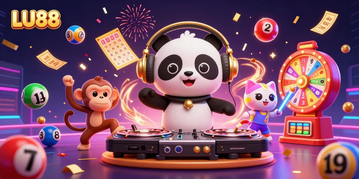 LU88 casino excitement with a DJ panda, breakdancing monkey, and glowing kitten in a vibrant gambling scene.
