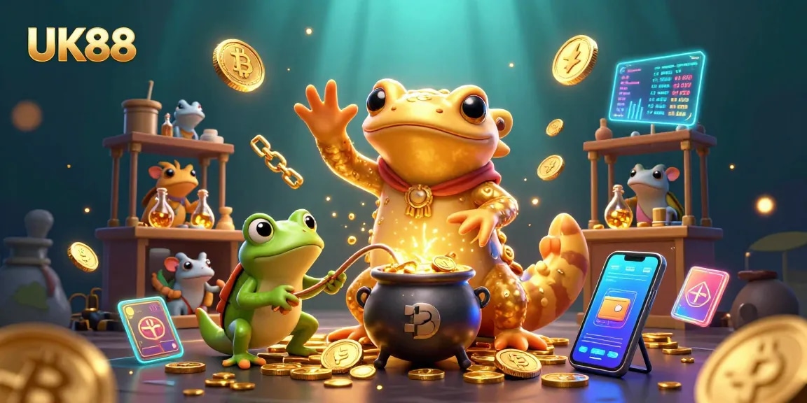 Gamble with UK88, a mystical 3D scene showcasing a golden salamander alchemist creating coins and crypto elements.