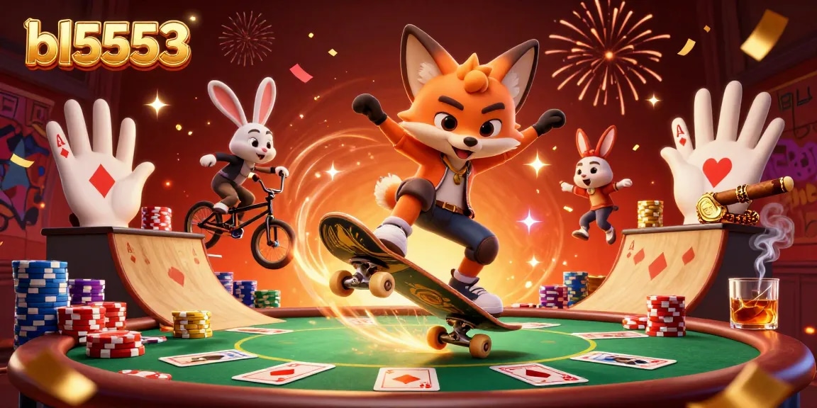 Engage in thrilling gameplay at bl5553 with a vibrant casino-themed illustration featuring dynamic characters and elements.