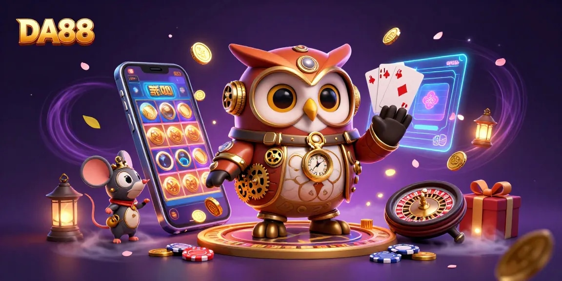 Experience DA88 with a 3D owl time-traveler and vibrant casino elements bursting with energy.