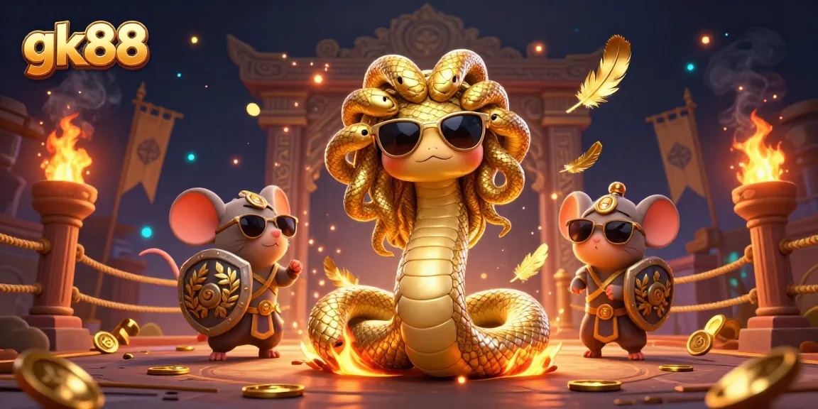 Engage in thrilling casino adventures with gk88, featuring Medusa and warrior mouse in an epic scene.