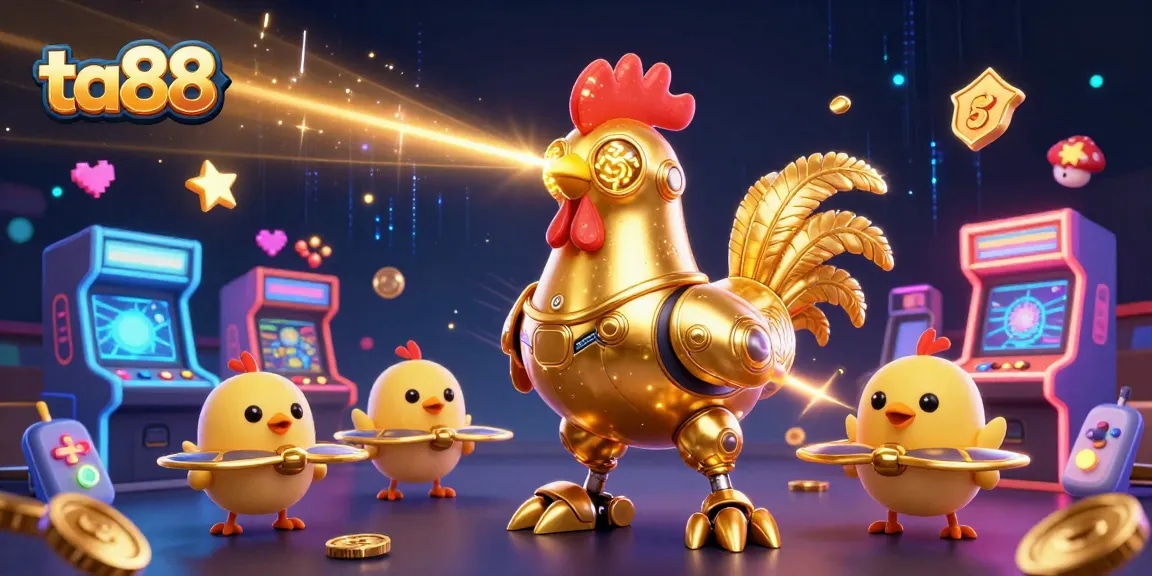 ta88's golden rooster robot beams luck in a vibrant casino scene filled with arcade games and coins.