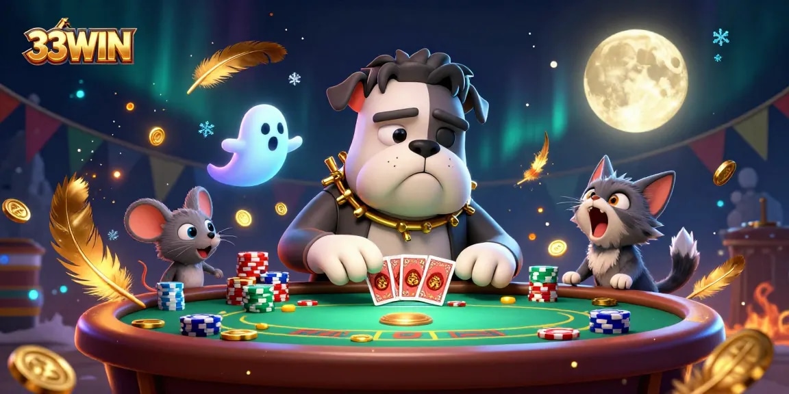 Engage in high-stakes poker with 33WIN as the Frankenstein bulldog deals cards under ghostly light.