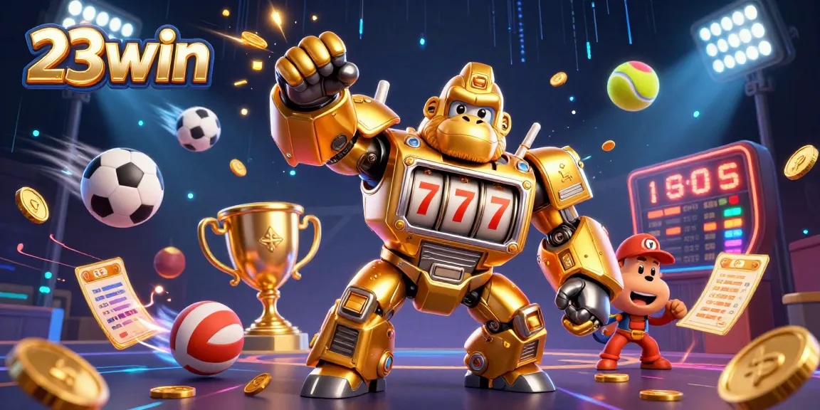 Experience thrilling gameplay at 23win with vibrant stylistic elements depicting an action-packed casino scene.