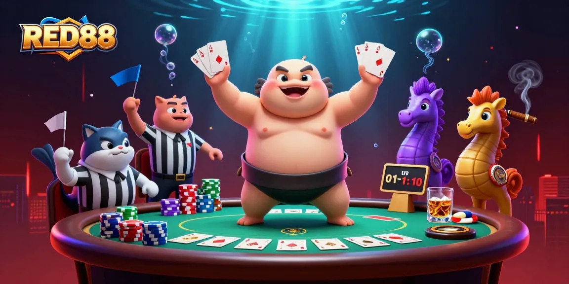 Experience the thrill with RED88 as a 3D cartoon fugu competes in an underwater poker showdown.
