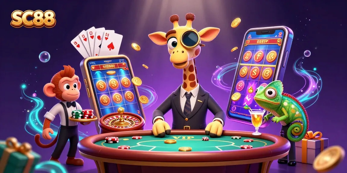 Play exciting games at SC88 with a giraffe in a suit, a monkey valet, and vibrant slot action.