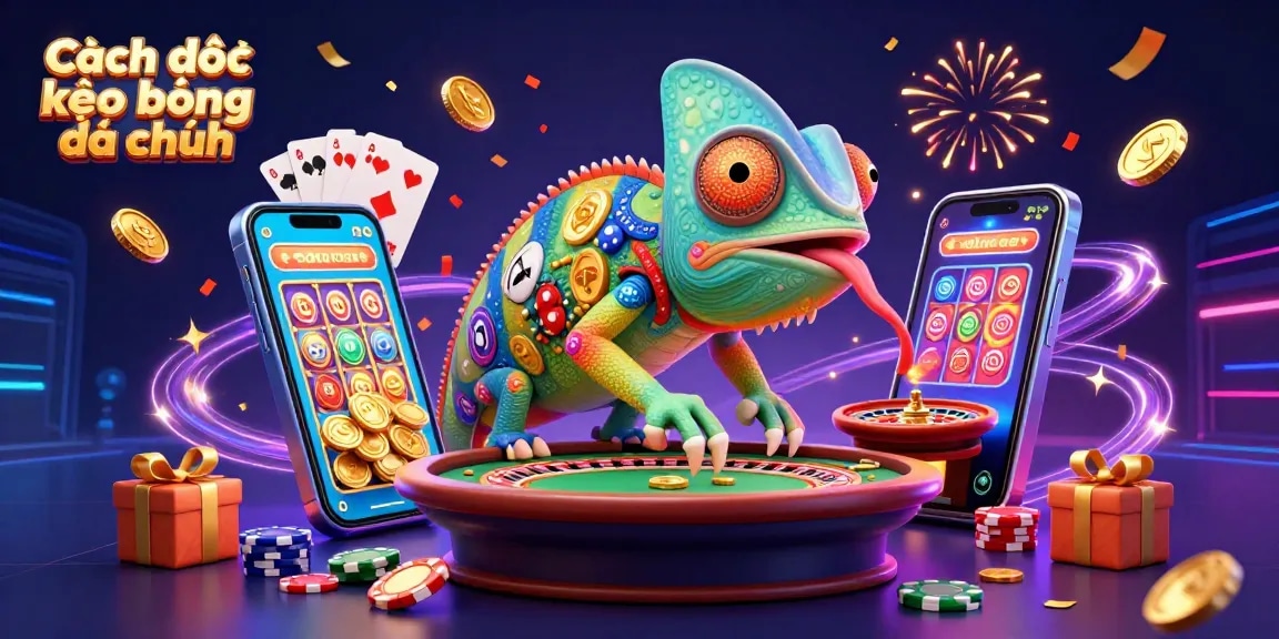 Cách đọc kèo bóng đá chuẩn illustrated with a vibrant 3D chameleon casino owner, showcasing dynamic gaming elements.