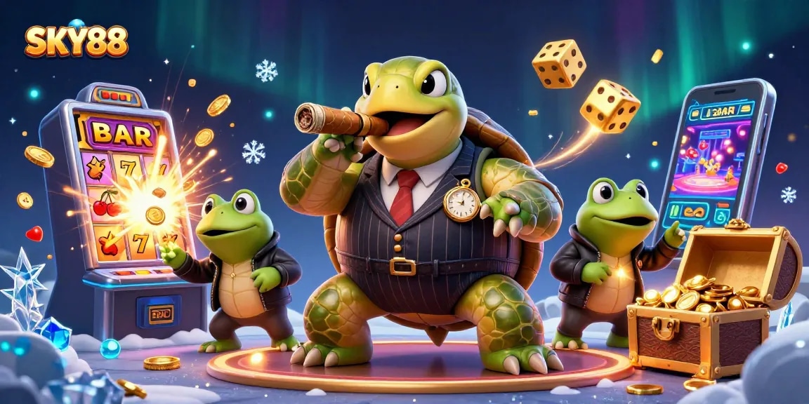 Engage with SKY88, a vibrant online casino scene featuring a turtle in a mobster suit surrounded by jackpot elements.