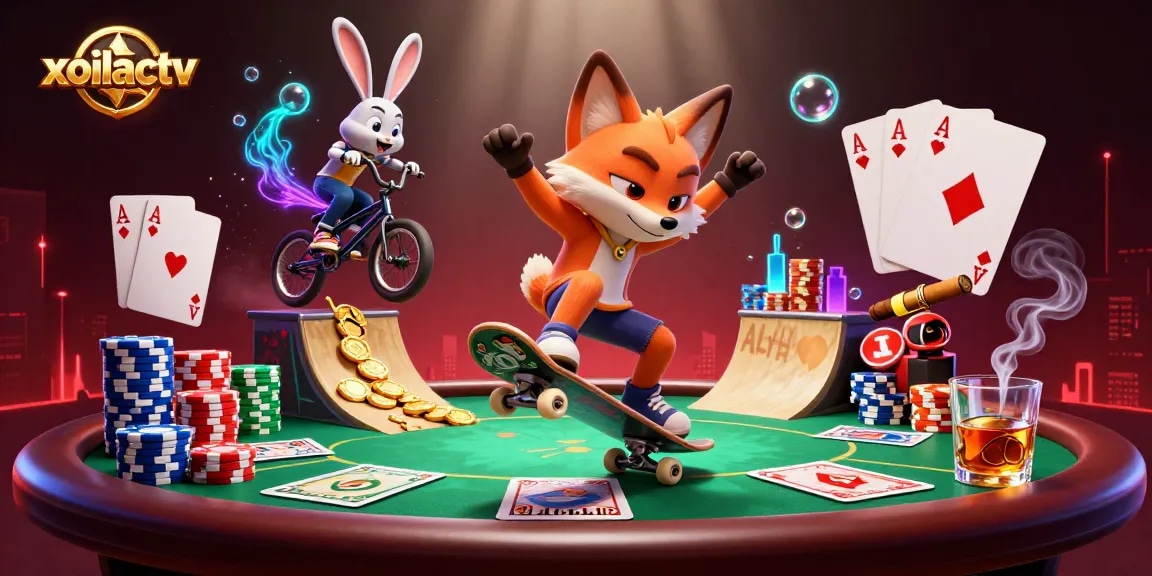Experience dynamic gaming action with xoilactv featuring a skateboarder fox and BMX rabbit in a vibrant casino scene.