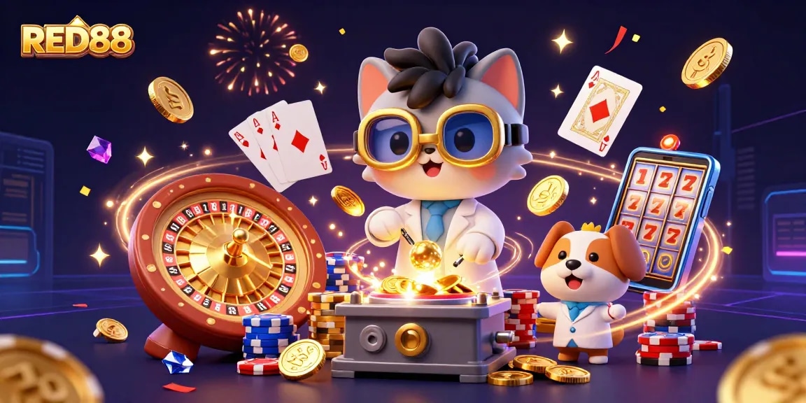 Engage with RED88's immersive casino scene featuring vibrant animations and thrilling gaming elements.