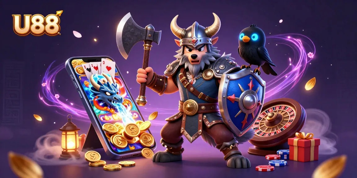 U88 players enjoy vibrant gaming with a Viking wolf and dragon amidst dynamic casino elements.