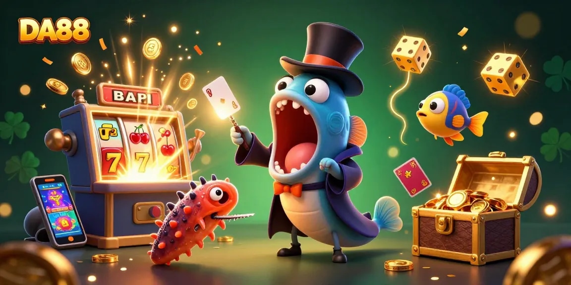 Experience thrilling DA88 action with lively characters and vibrant casino elements in a magical scene.