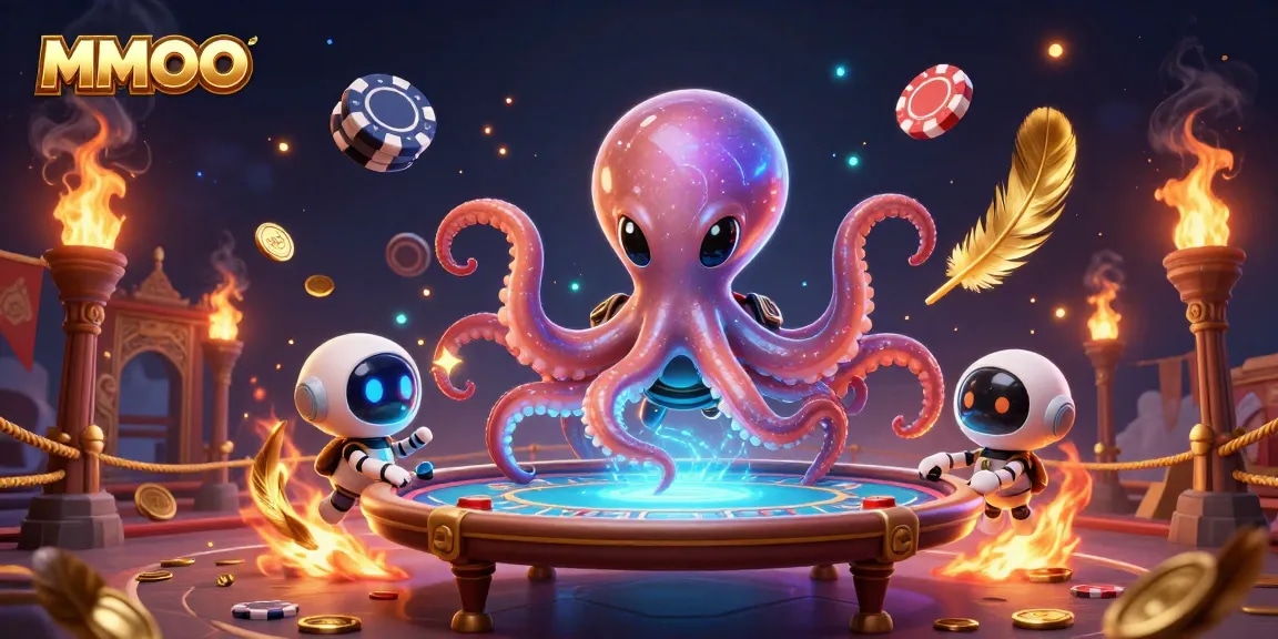 Play poker at MMOO with a dynamic scene featuring an alien octopus and a robot companion.