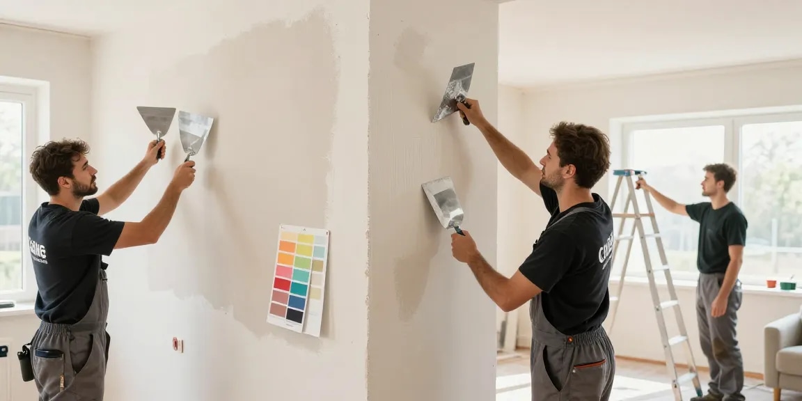 Professionele stucwerk toepassing in een helder woonkamer met vakbekwame stukadoors.