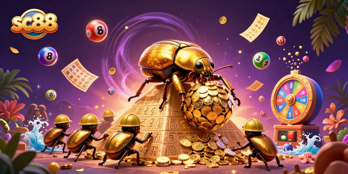 Experience luck with sc88 as a golden beetle rolls coins, surrounded by colorful lottery elements.
