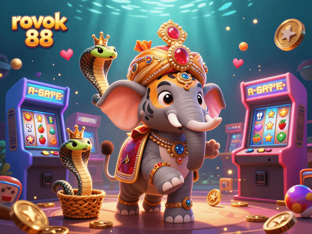 Engage with rokok 88 in this vibrant 3D casino scene featuring a maharaja tiger, elephant, and slot elements.