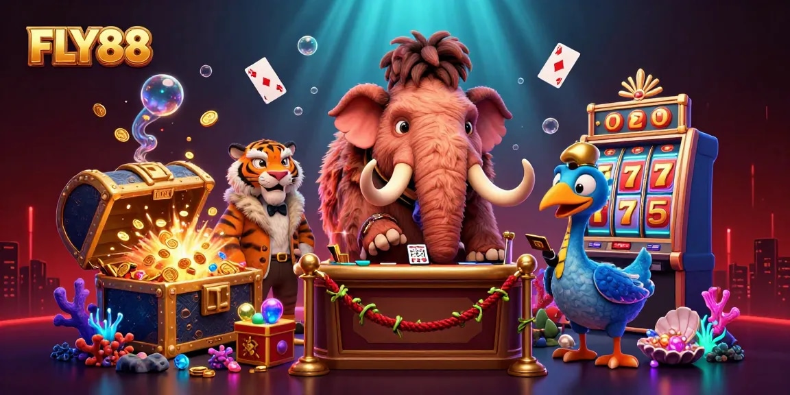 Engage with FLY88’s dynamic gameplay at an underwater casino with unique characters and treasure elements.