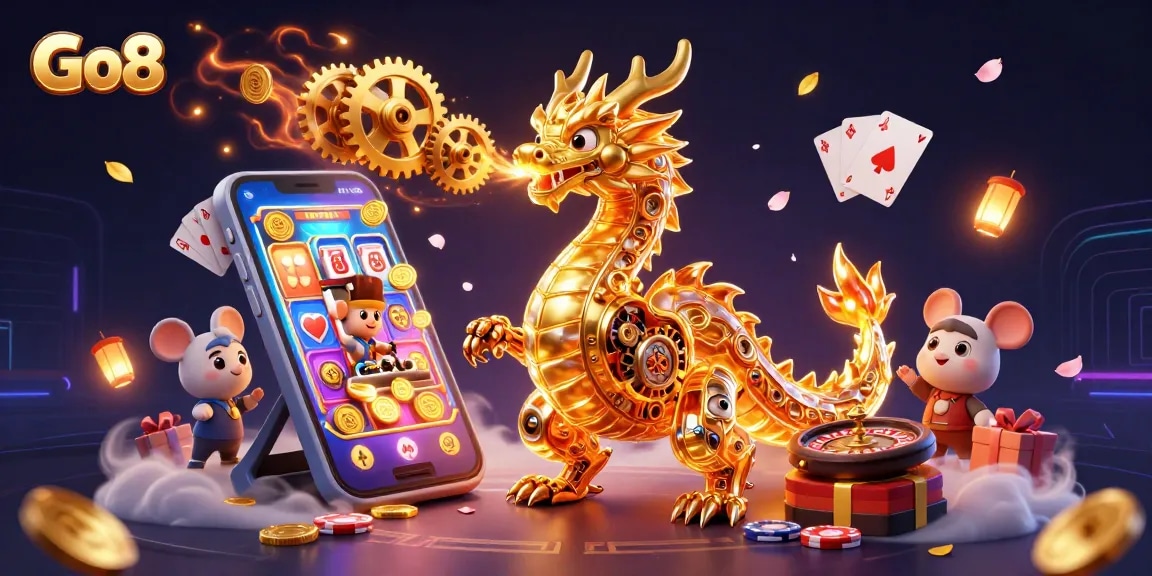 Engage in thrilling gameplay at Go8 with dynamic slot games, a golden dragon, and vibrant elements.