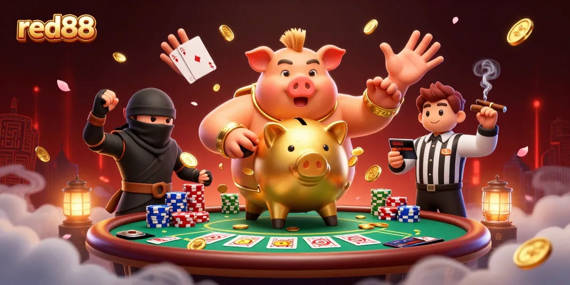 Experience thrilling gameplay with red88 at a vibrant casino scene featuring a cartoon piggy bank sumo wrestler.