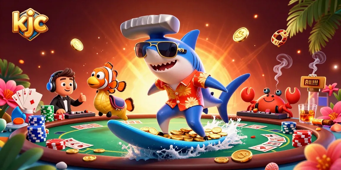 Surf on gold coins with kjc's fun characters in a lively casino scene, capturing excitement.