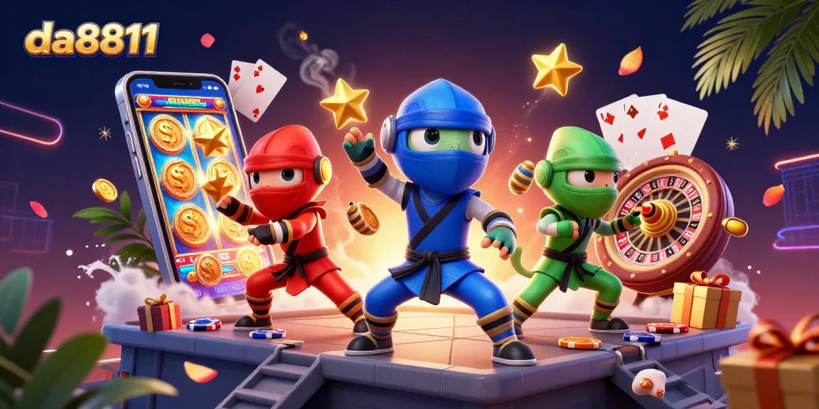 Experience thrilling gaming action at da8811 with vibrant chameleon characters and colorful casino elements.
