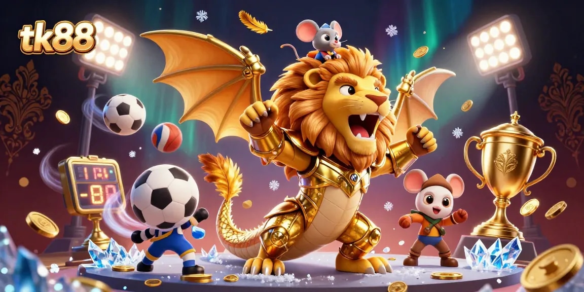 tk88 ignites excitement with a roaring chimera at a dynamic sports betting celebration filled with coins and trophies.