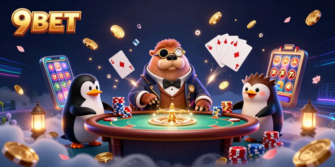 Experience winning with 9BET in a vibrant underwater casino scene featuring a walrus and dealers.