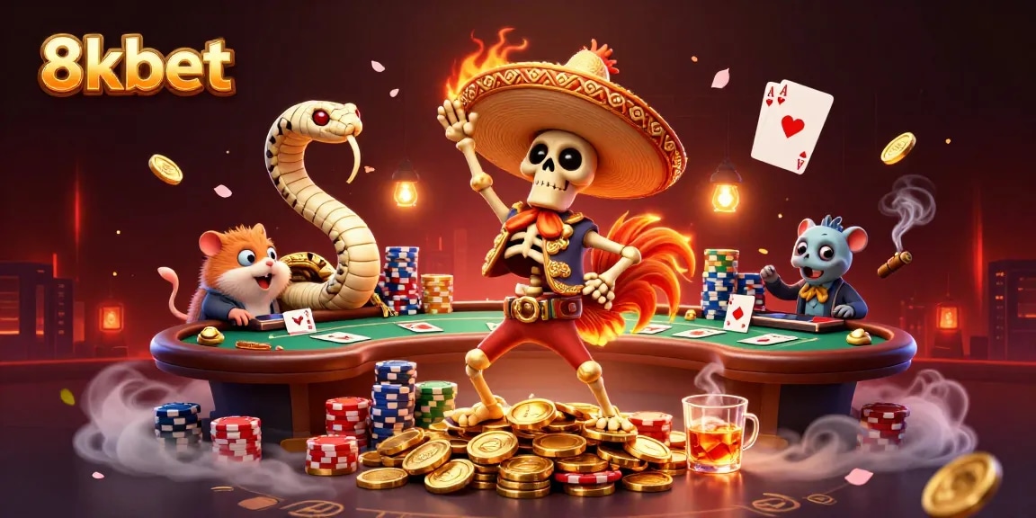 8kbet offers a vibrant casino experience with characters celebrating wins on golden coins.