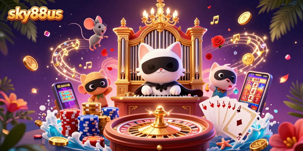 Experience the excitement of sky88us with a vibrant casino scene featuring animated characters and dynamic gaming elements.