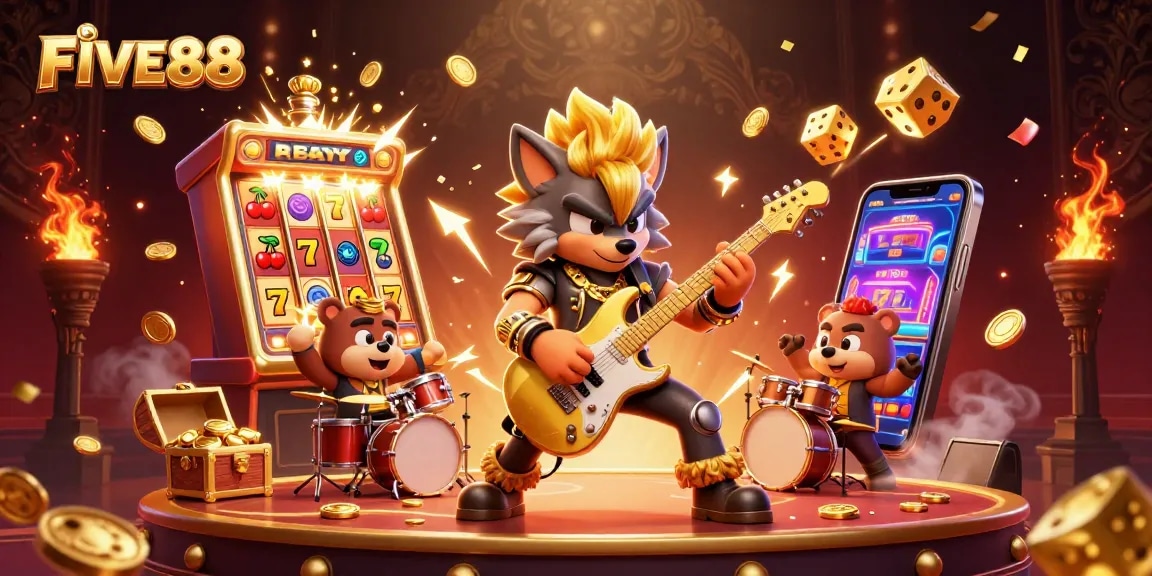 Experience the excitement of FIVE88 with a cartoon rock star wolf on stage, spinning slot reels and golden treasures.