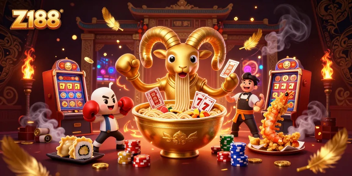Z188 showcases an engaging casino scene featuring a giant ramen bowl character dealing cards, surrounded by vibrant casino elements.