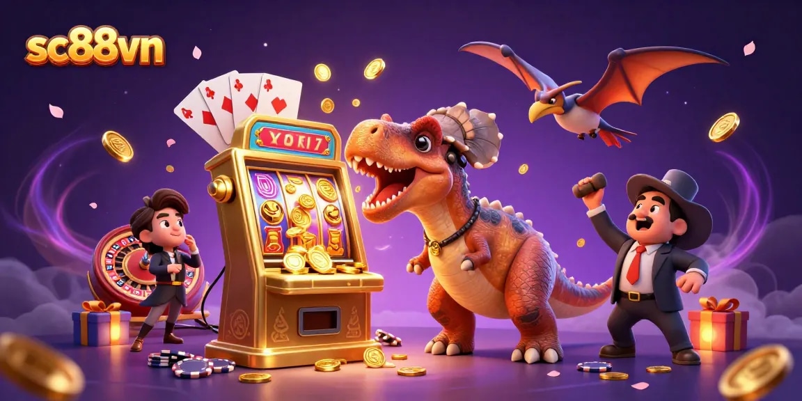 Catch jackpot coins with sc88vn in a colorful casino scene featuring a pachycephalosaurus and friends.