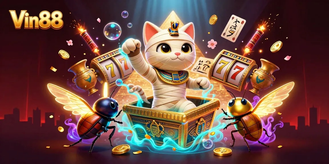 Spin to win at Vin88 with vibrant slots, a mummy cat, and golden treasures