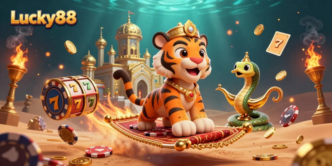 Play Lucky88 with immersive casino experience illustrated by a vibrant 3D scene.