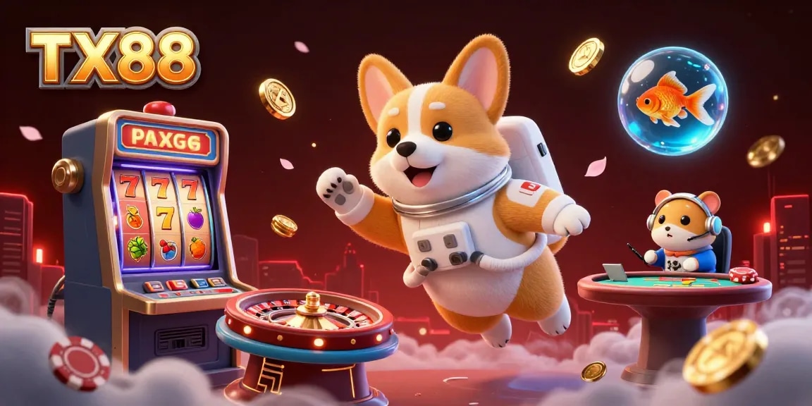 Experience the dynamic TX88 casino adventure with a playful astronaut corgi in a vibrant space-themed setting filled with games and excitement.