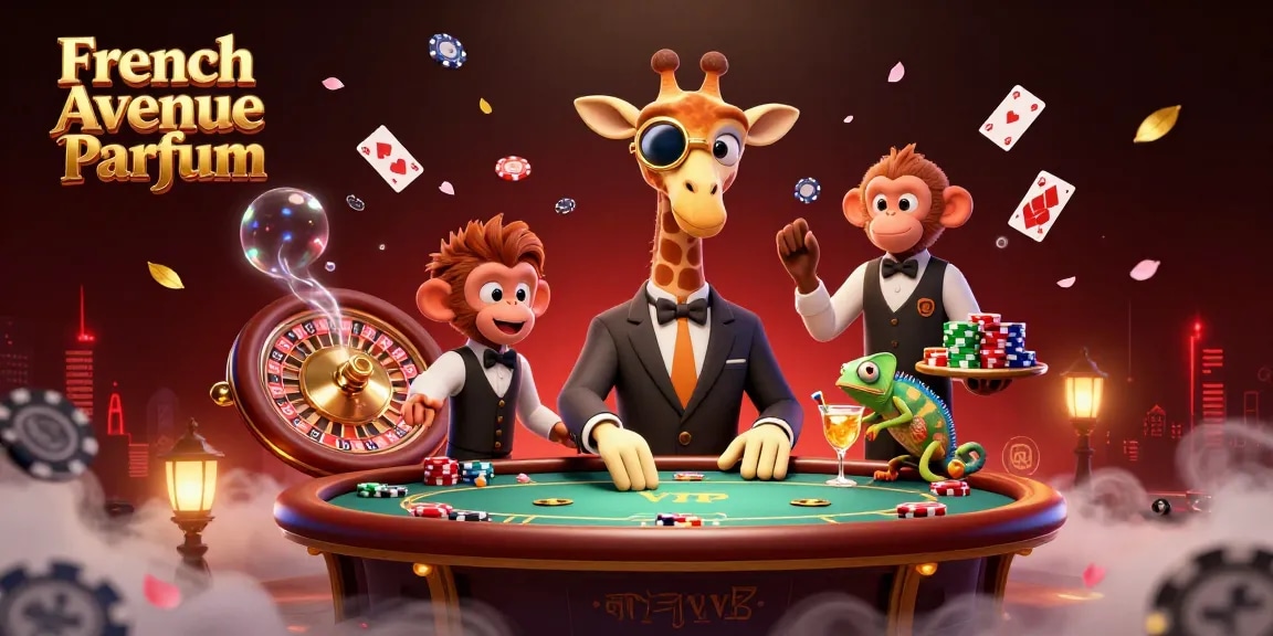 Experience excitement with French Avenue Parfum in a dynamic casino scene featuring a giraffe, monkey, and chameleon.