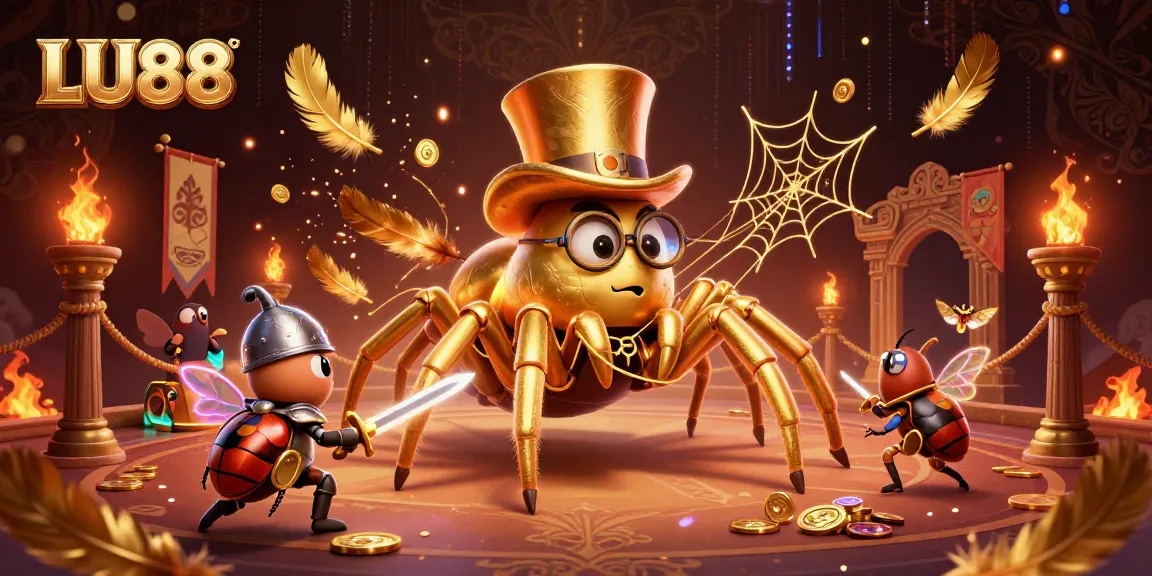 Engage in thrilling LU88 betting with a mighty beetle knight facing a golden tarantula amidst a casino scene.