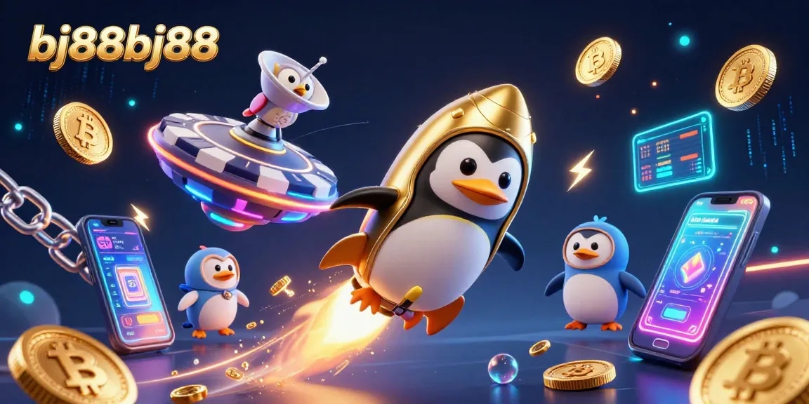 Engage with bj88bj88's thrilling online gaming adventure featuring a golden penguin in a cosmic casino.