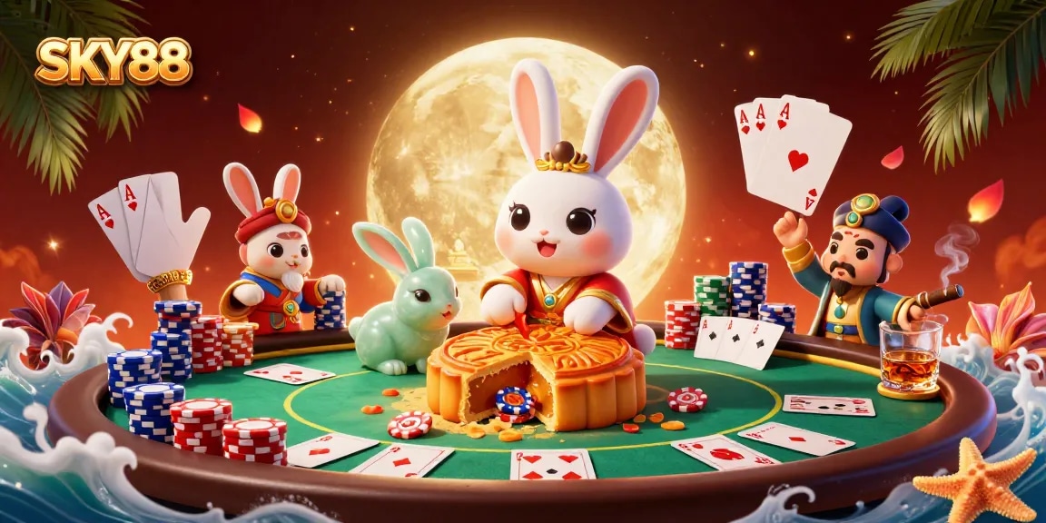 Enjoy SK88 moon rabbit and jade companion celebrating jackpot wins on a vibrant moonlit casino scene.