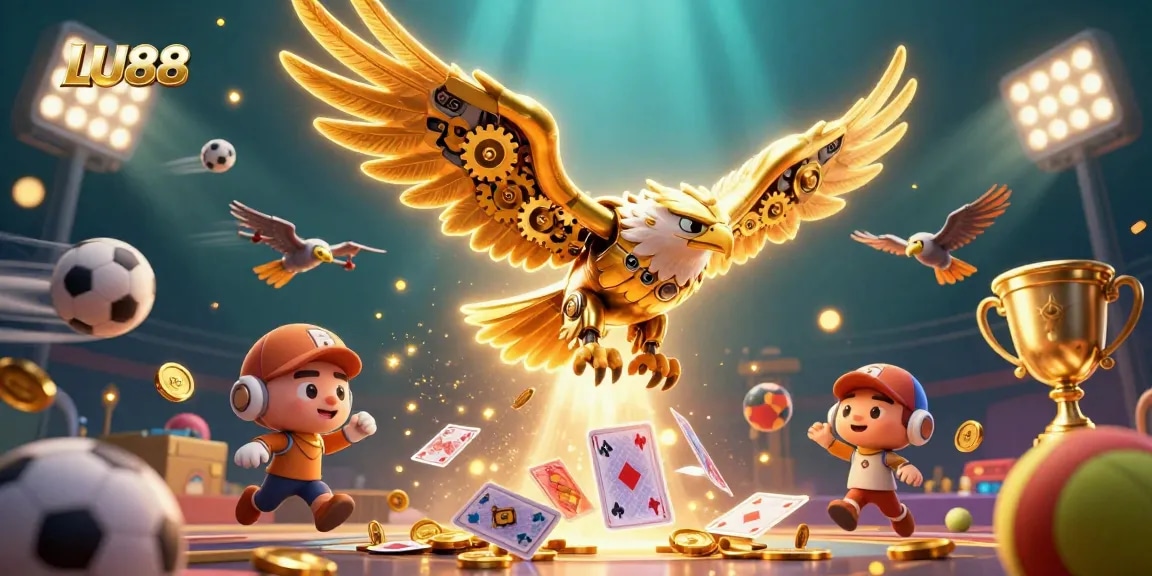 LU88 gaming experience illustrated with a cybernetic eagle soaring through playing cards and sports elements.