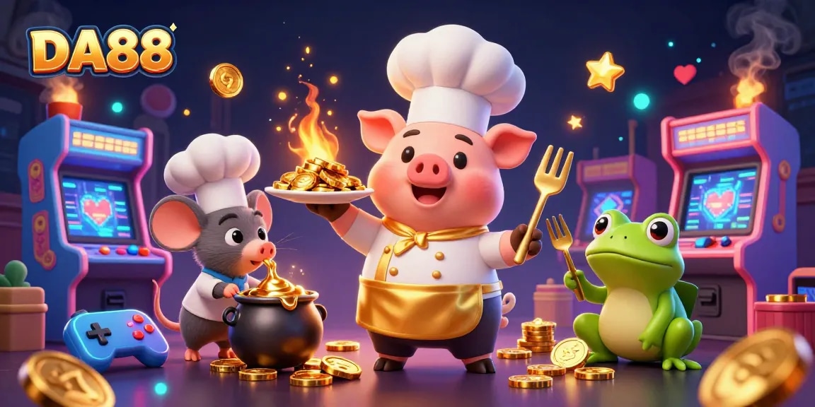 Experience exciting gaming action at DA88 with a chef pig and golden coins in a vibrant casino
