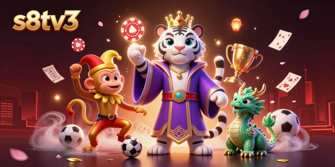 S8TV3 showcases a lively sports betting scene featuring a tiger, monkey, and dragon amidst vibrant elements.