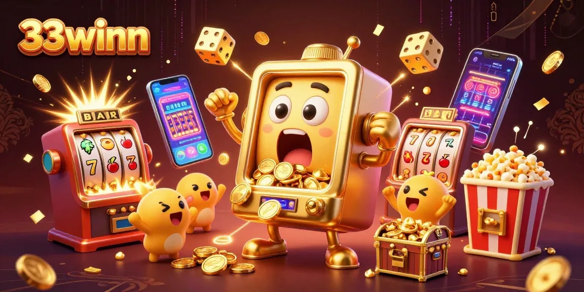 33winn's golden slot machine celebrates a jackpot, surrounded by cheering baby slots and casino game elements.