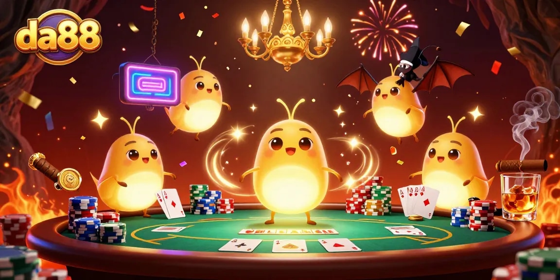 Engage in high-stakes poker with da88 in a vibrant animated cave casino.
