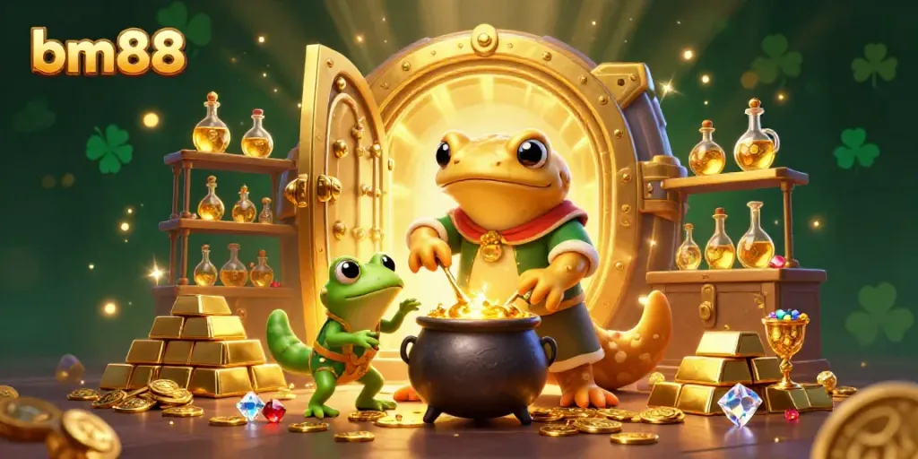 Experience the excitement of bm88 with a dynamic golden alchemy scene transforming base metals into treasures.