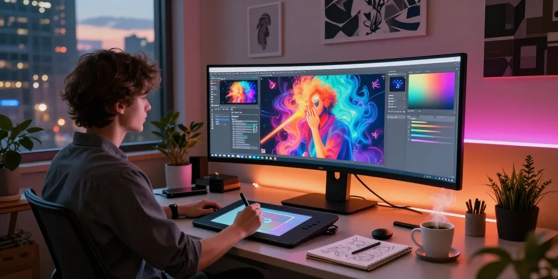 Innovative artist in digital studio creating ai nsfw artwork with vibrant graphics and ambient lighting