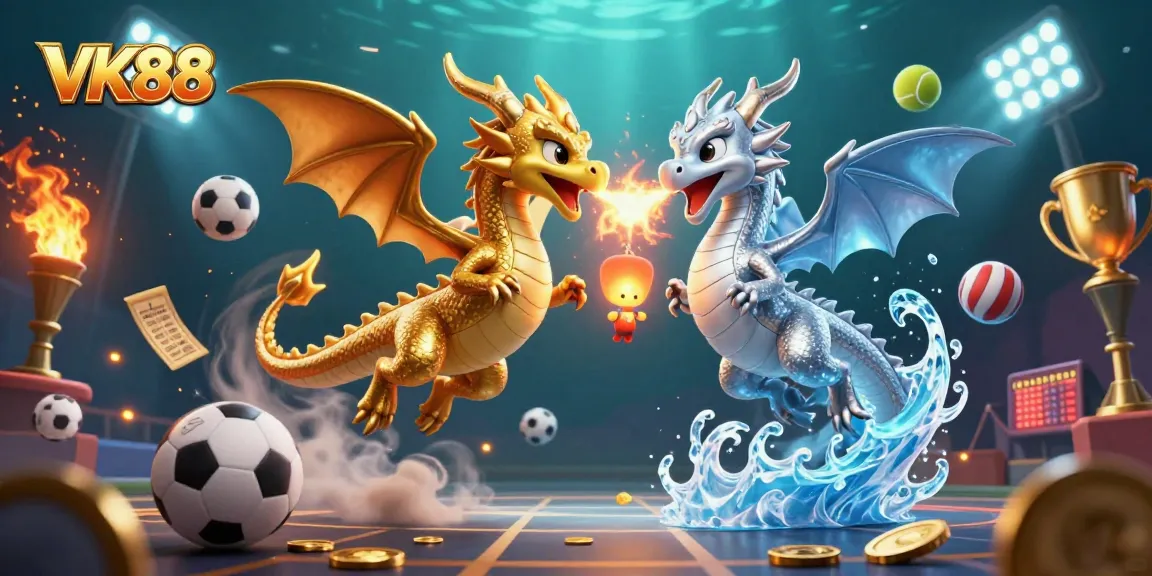Experience thrilling gaming action at VK88 with gold and silver dragons amidst sports elements.