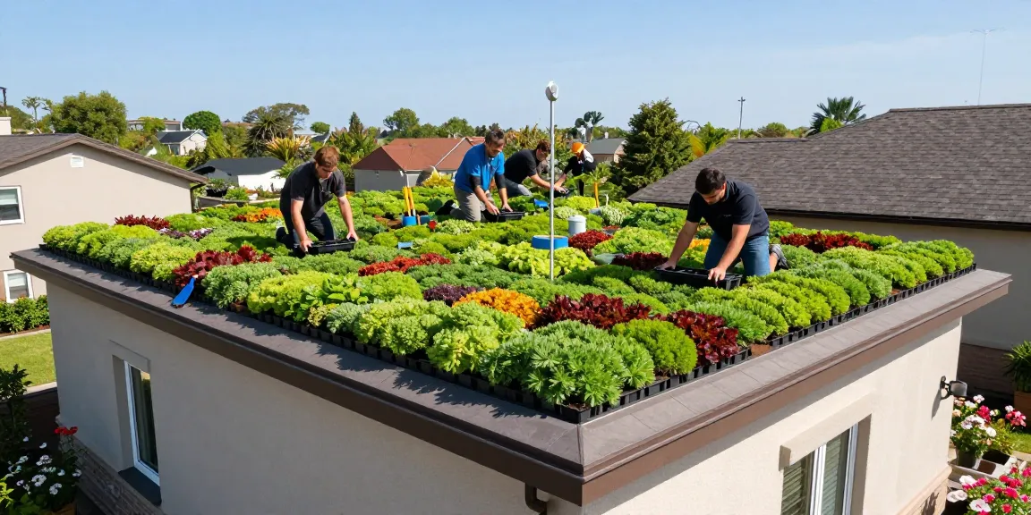 Installatie van sedum daken op een zonnig dak, met levendige groenvoorzieningen en tuingereedschap.