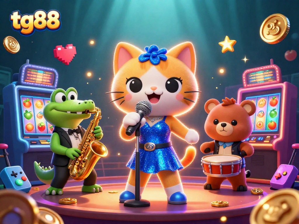 Tg88 casino illustration featuring a jazz-singer cat and saxophone crocodile amidst vibrant slot machines and golden coins.