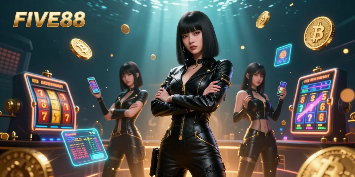 Engage with the captivating world of FIVE88, showcasing dynamic casino scenes with Bitcoin and Ethereum elements.